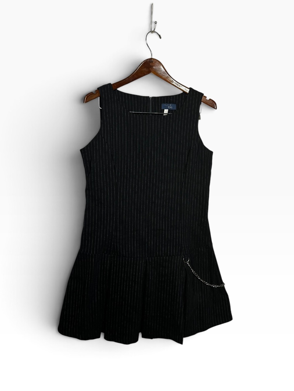 Vintage Rag Black Pinstripe Sleeveless Drop Waist Mini Dress Chain Size XL